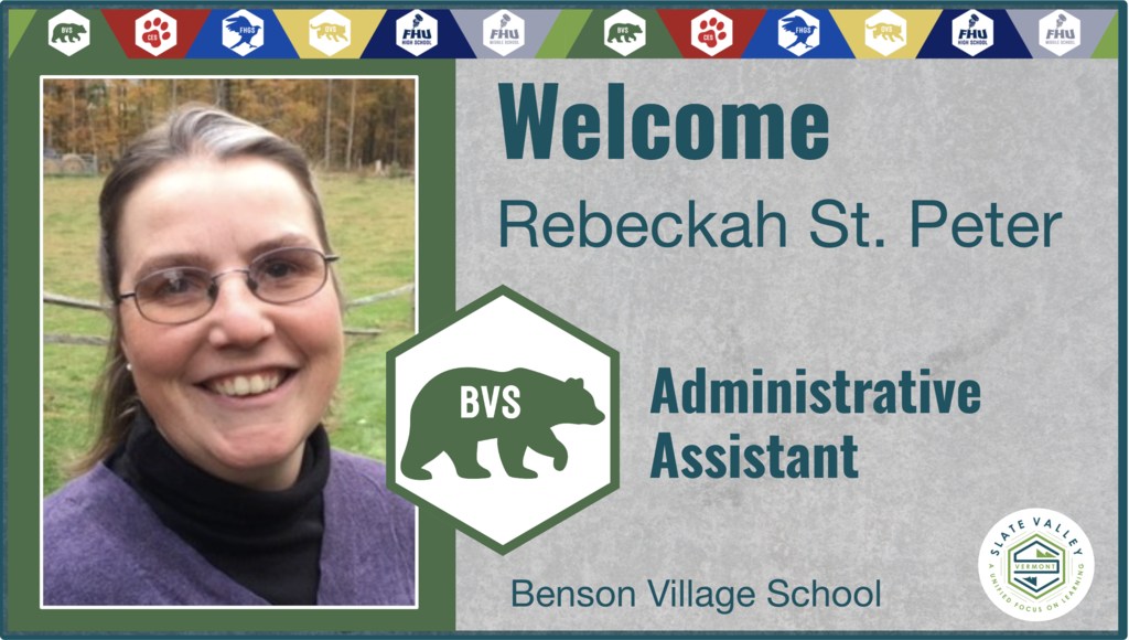 Rebeckah St. Peter: Welcome graphic featuring Rebeckah St. Peter, new Administrative Assistant at Benson Village School.