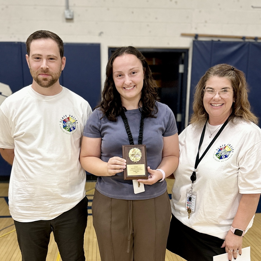 Jordan Perry, CES: Castleton Elementary teacher Jordan Perry holds her 2026 Teacher of the Year award with two CES administrators.