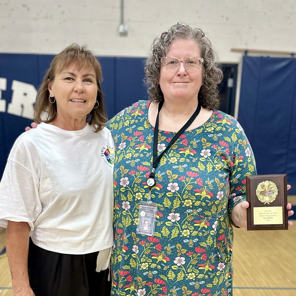 Laura Budde, BVS: Laura Budde holds her 2026 SVUUSD Teacher of the Year award alongside a Slate Valley administrator during Opening Day.