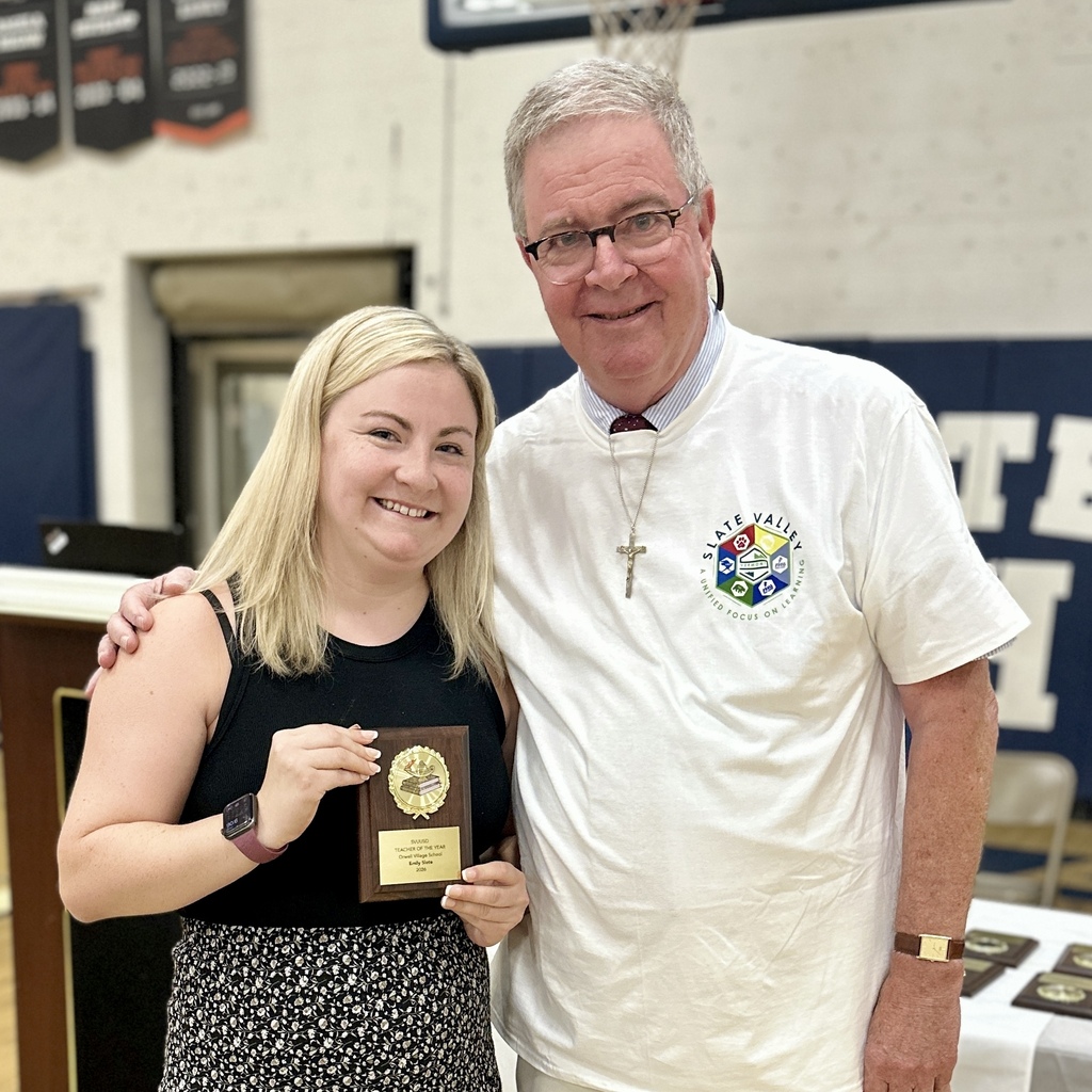 Emily Slote, OVS: Orwell Village School teacher Emily Slote holds her 2026 Teacher of the Year award while standing with a school administrator.
