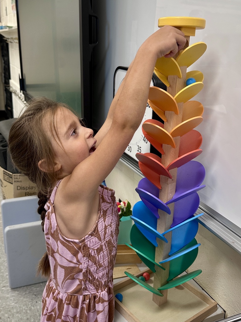 A young CES student explores a colorful wooden ball-run activity in a classroom during Open House.