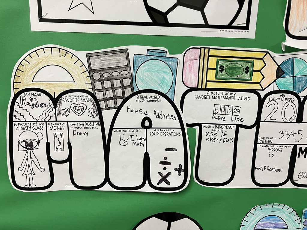 A completed student math activity sheet spelling out "MATH" with colored drawings and handwriting, signed by Hayden.