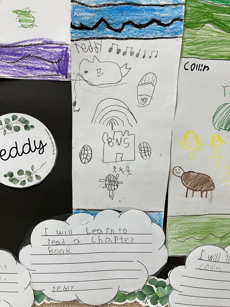 A student-decorated crayon cutout labeled "Teddy" featuring pencil drawings, paired with a cloud-shaped goal sheet reading "I will learn to read a chapter book."