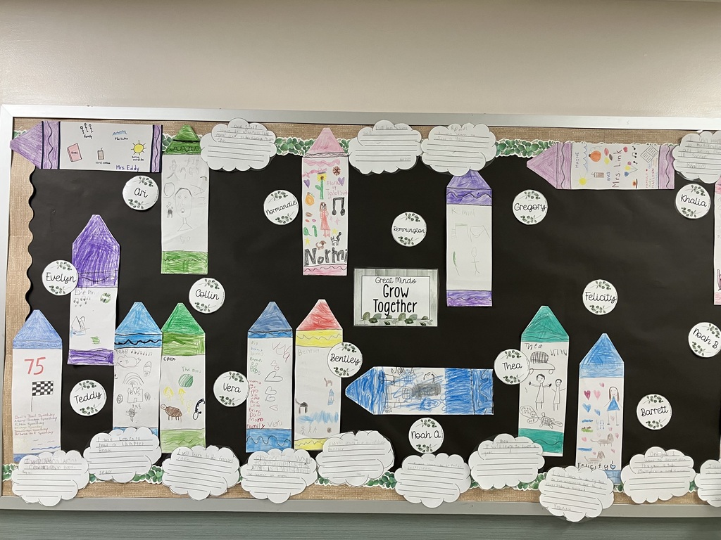 A classroom bulletin board centered around a "Great Minds Grow Together" sign, featuring student-decorated paper crayons and thought-cloud goals.
