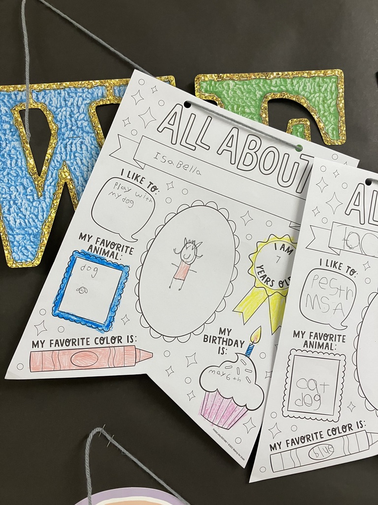 An "All About Me" student activity banner filled out by Isabella, featuring drawings, handwriting, and personal details like age and favorite animal.