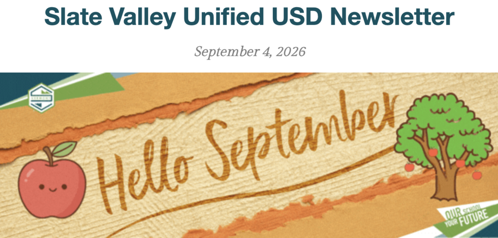 Slate Valley Unified USD Newsletter banner dated September 4, 2026, featuring a “Hello September” message with a smiling red apple and an apple tree on a warm, autumn-inspired background.