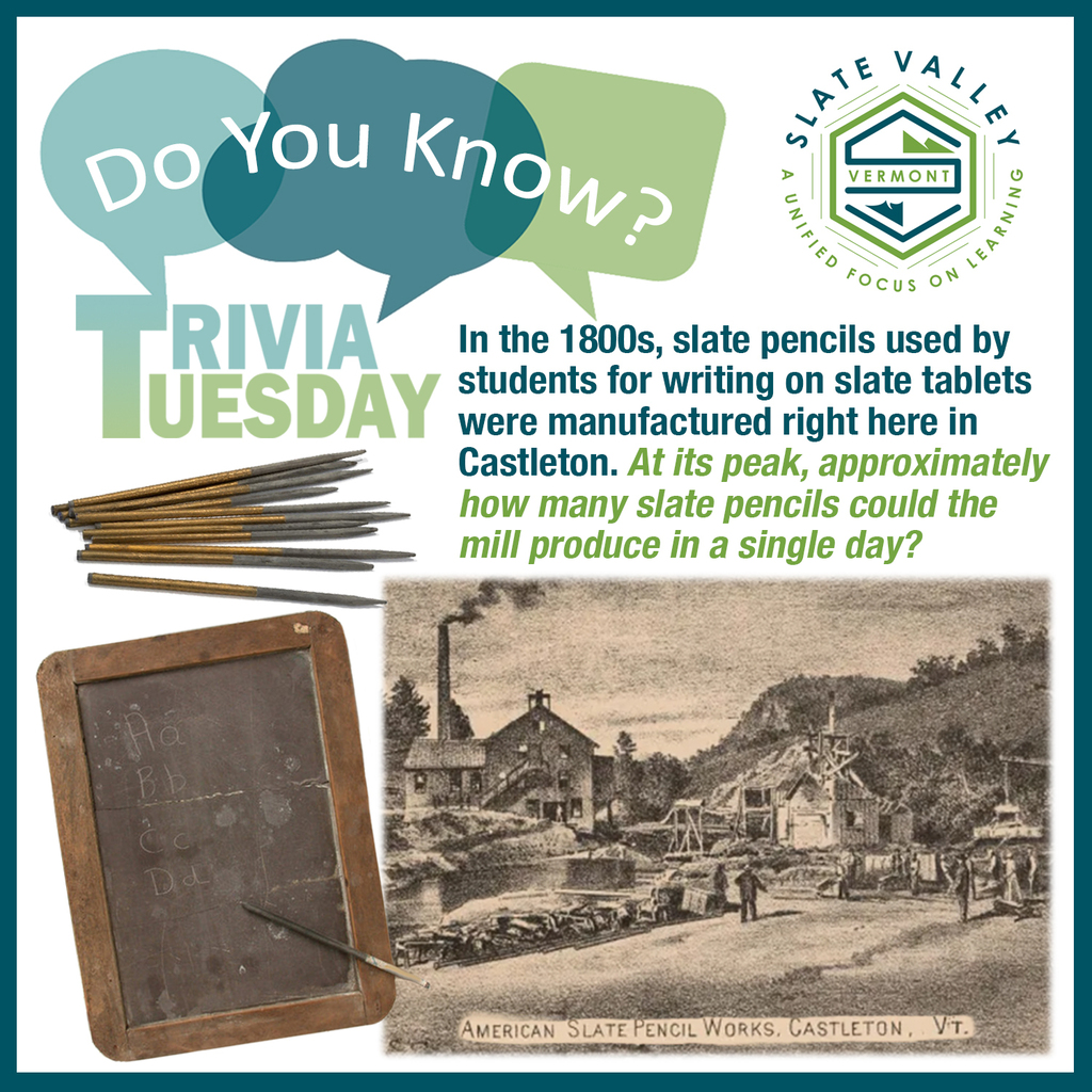 Trivia Tuesday graphic featuring the Slate Valley logo and a question about Castleton’s slate pencil-making history. Text asks: “In the 1800s, slate pencils used by students for writing on slate tablets were manufactured right here in Castleton. At its peak, approximately how many slate pencils could the mill produce in a single day?” Images include antique slate pencils, a student slate tablet, and a historic image labeled “American Slate Pencil Works, Castleton, Vt.”