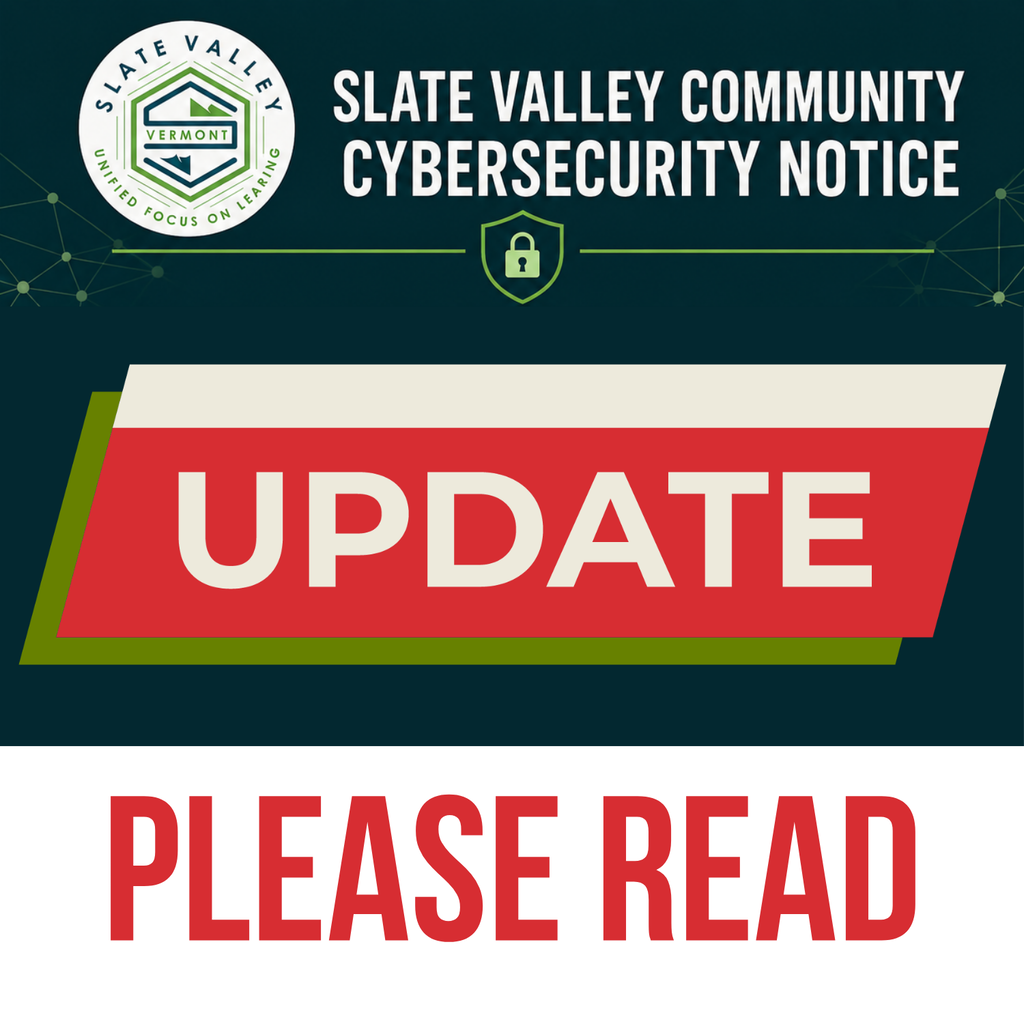 Graphic announcing an update on our cybersecurity Notice, asking to Please Read in red bold copy
