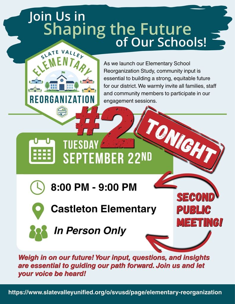 Flyer announcing the second public meeting for the Slate Valley Elementary Reorganization Study. Header: "Join Us in Shaping the Future of Our Schools!" featuring the Slate Valley Elementary Reorganization logo. Introductory Text: "As we launch our Elementary School Reorganization Study, community input is essential to building a strong, equitable future for our district. We warmly invite all families, staff and community members to participate in our engagement sessions." Event Details: Stamped with a red "#2" and a "TONIGHT" banner. Date: Tuesday, September 22nd Time: 8:00 PM – 9:00 PM Location: Castleton Elementary (Second Public Meeting!) Format: In Person Only Call to Action: "Weigh in on our future! Your input, questions, and insights are essential to guiding our path forward. Join us and let your voice be heard!" URL: https://www.slatevalleyunified.org/o/svusd/page/elementary-reorganization