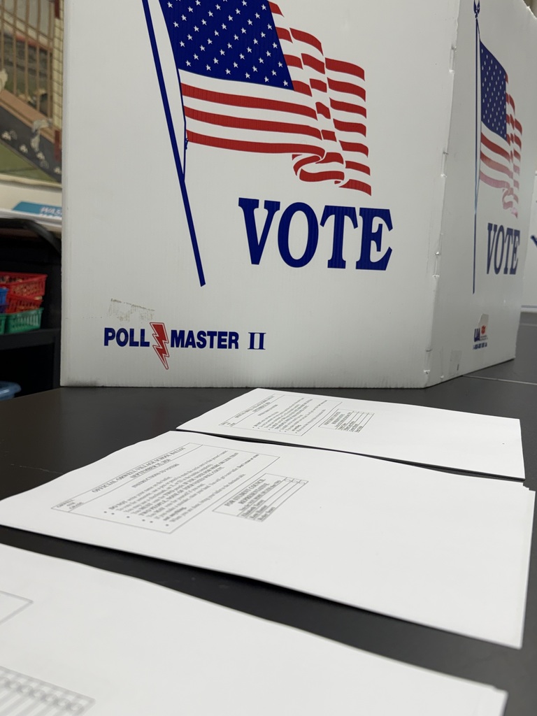 Official voting ballots resting next to a white cardboard voting booth with an American flag and the word "VOTE" printed on the side.