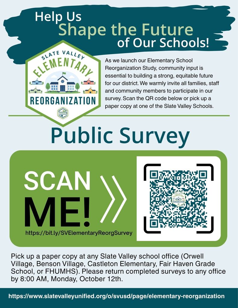 Flyer for the Slate Valley Elementary School Reorganization Public Survey. Includes a QR code and link to take the survey online, plus instructions for picking up and returning paper copies to any district school office by 8:00 AM on Monday, October 12th.