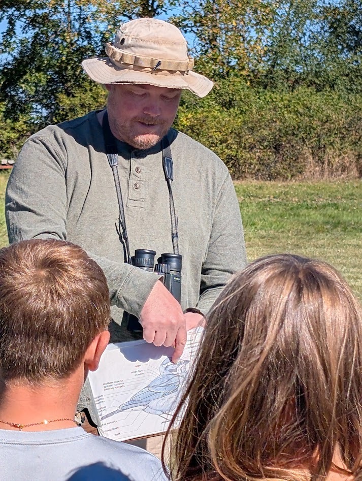 An instructor wearing a wide-brimmed bucket hat and binoculars points to a bird anatomy diagram while showing it to students.