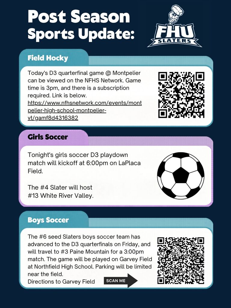 An infographic titled "Post Season Sports Update:" by FHU Slaters detailing match times, locations, viewing links, and directions for Field Hockey, Girls Soccer, and Boys Soccer.