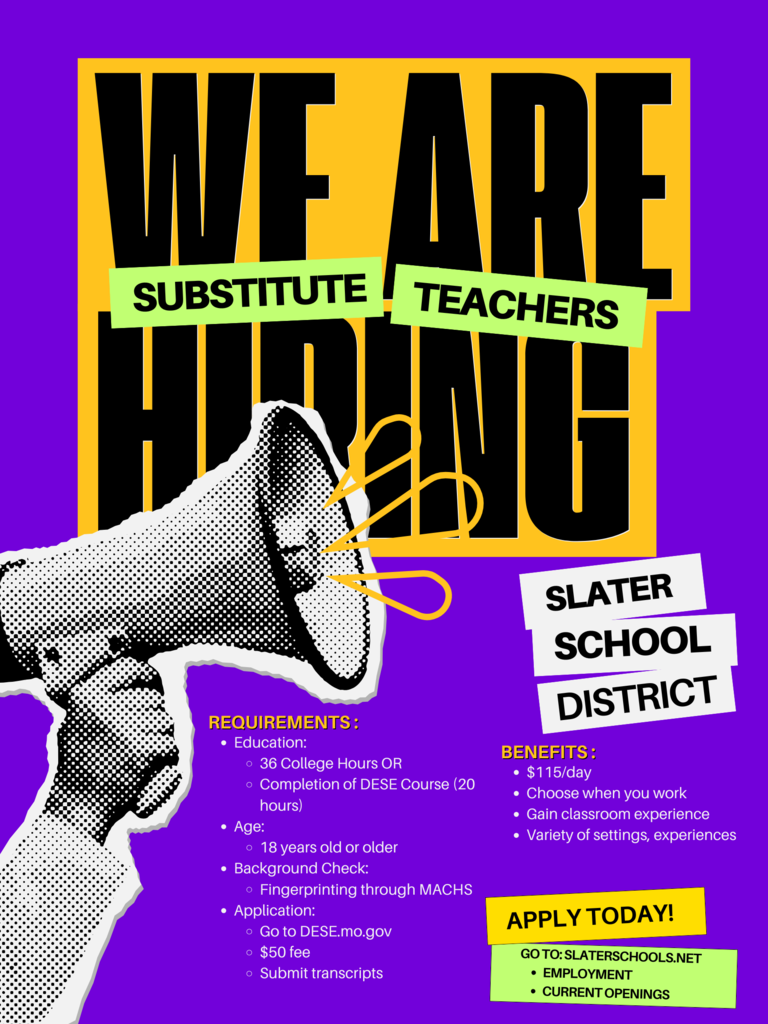 👋 Looking for a flexible, rewarding way to make a difference? Slater Schools is always looking for great Substitute Teachers!  Whether you're retired, in college, or just love working with kids — subbing is a great way to support students, choose your schedule, and stay connected to your community.  📚 No grading. 🎓 No long-term commitment. 💼 Every day is different — and impactful.  Interested? Call the school or visit www.slaterschools.net to get started! 🐾 #SlaterWildcats #SubstituteTeacher #EveryWayEveryDayEveryone