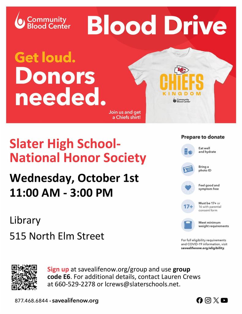 National Honor Society is partnering with Community Blood Center on October 1 for their Fall Blood Drive! Schedule your appointment using the URL and code below - or walk on in!! You will need your ID or donor card.