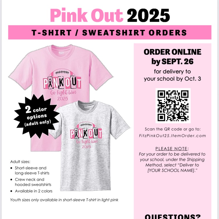 Information and pricing for 2025 Pink Out shirts/hoodies sponsored by Fitzgibbon Foundation