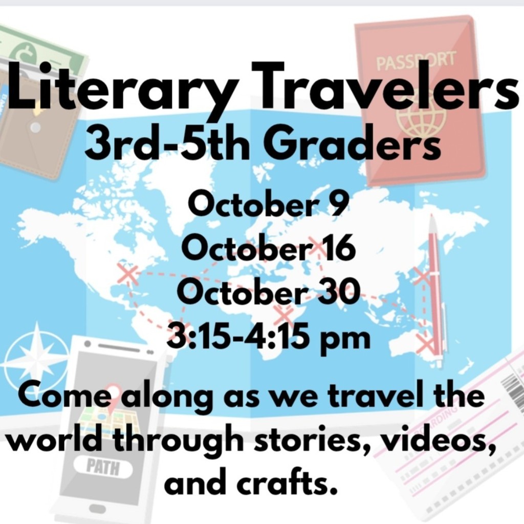 Flyer with information about the the dates and times for Literary Travelers 