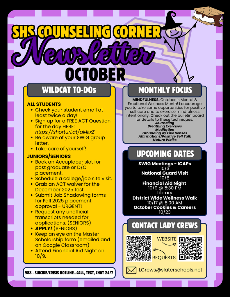 Check out this month' s HS Counseling Corner Newsletter! Even more information for October can be found on the Slater HS Counseling Facebook page. 