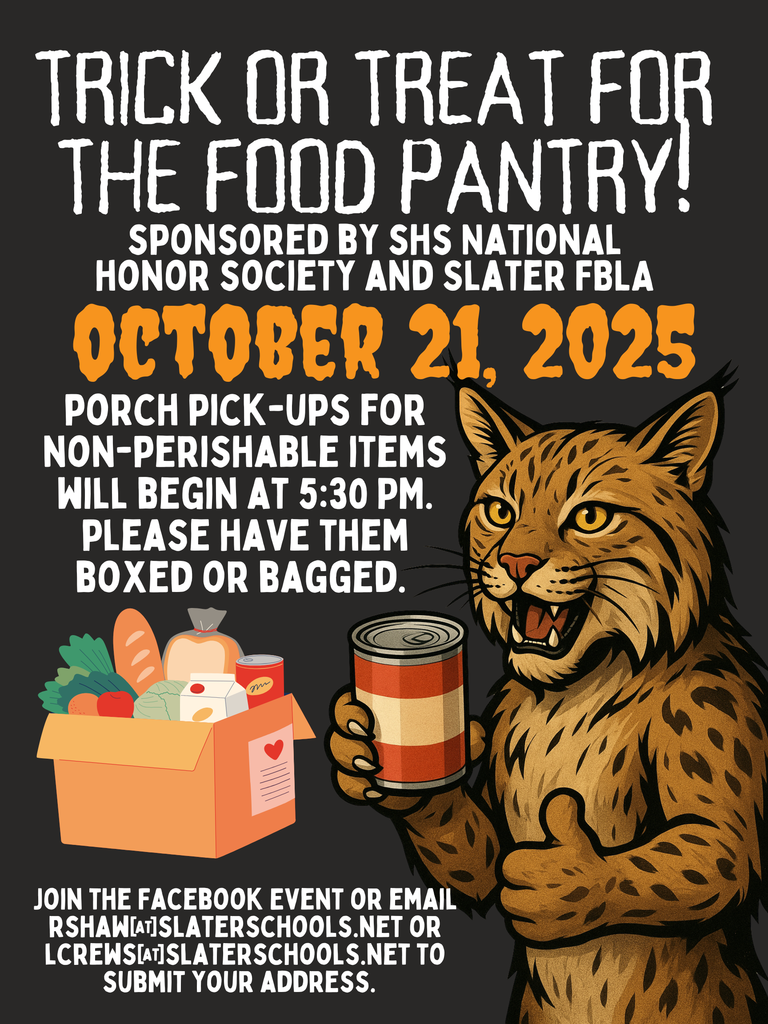 Halloween is approaching... It's almost time for the Annual Trick or Treating for the Food Pantry! Email your address to either groups' sponsor and members will pick up your donations on 10/21. Thank you for supporting this event and the Slater Food Pantry!
