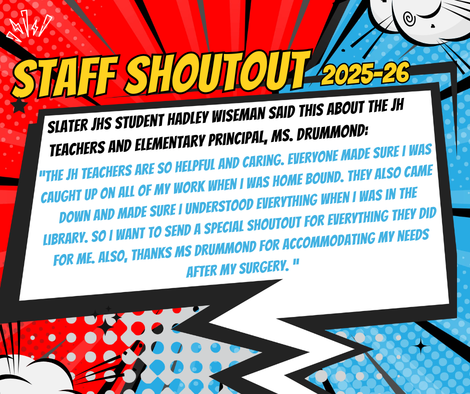 The JH teachers are so helpful and caring. Everyone made sure I was caught up on all of my work when I was home bound. They also came down and made sure I understood everything when I was in the library. So I want to send a special shoutout for everything they did for me. Also, thanks Ms Drummond for accommodating my needs after my surgery. 