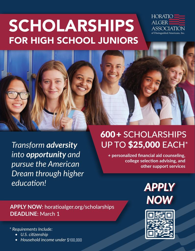 SHS JUNIORS! This is a few and far between 11th grade level application opportunity with the Horatio Alger Scholarship opportunity. Check out the application and submit by March 1! 