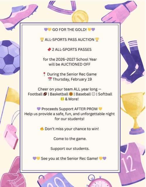 AfterProm will Auction 2 All Sports Passes for the 2026-27 School year at Thursday's Senior Recognition game