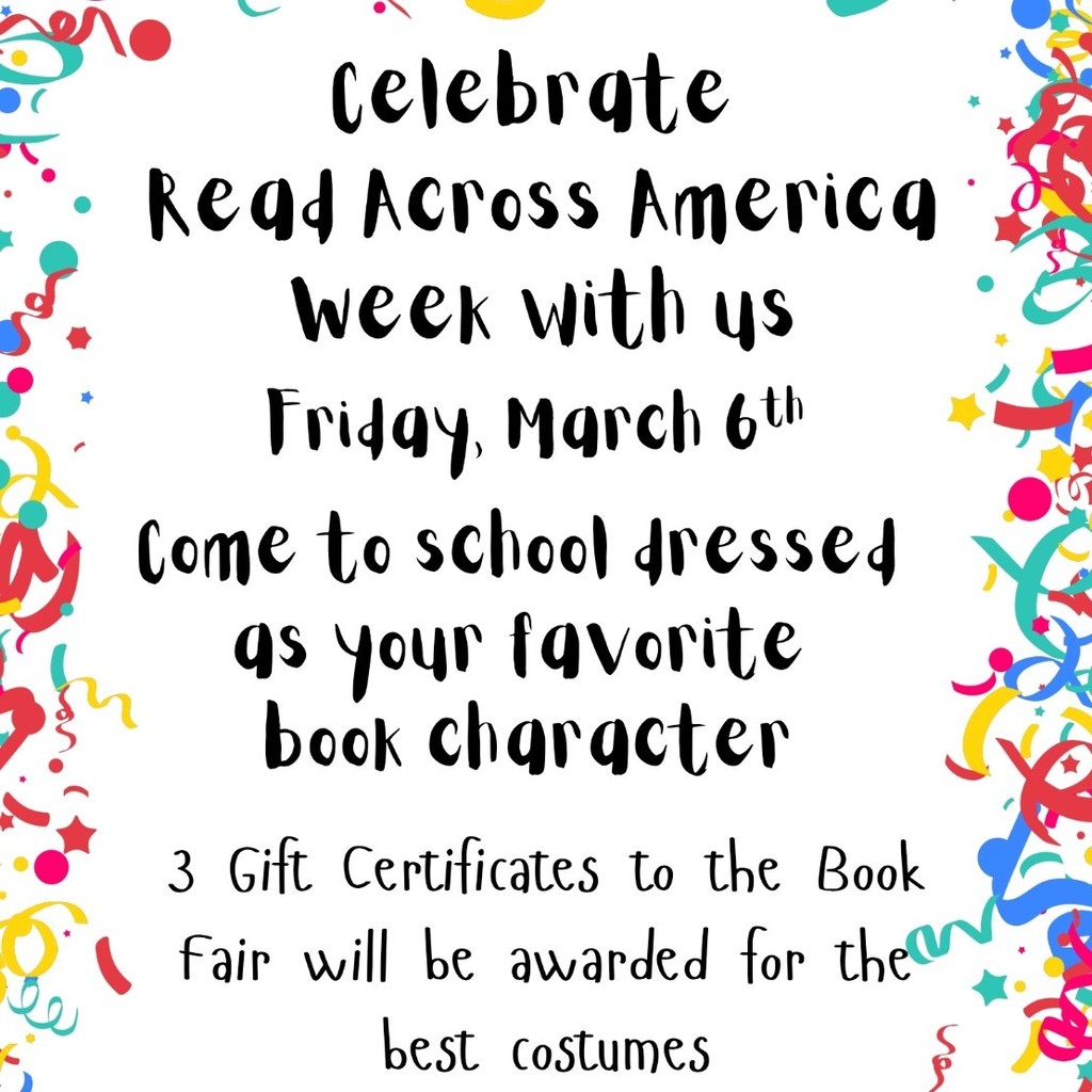 white background with colorful confetti with Read Across America Week announcement information.