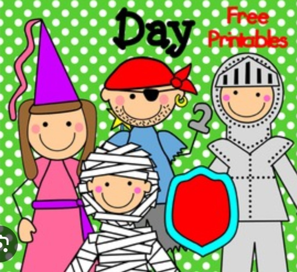 cartoon illustration of children dressed like book characters on a green & white polka dot background