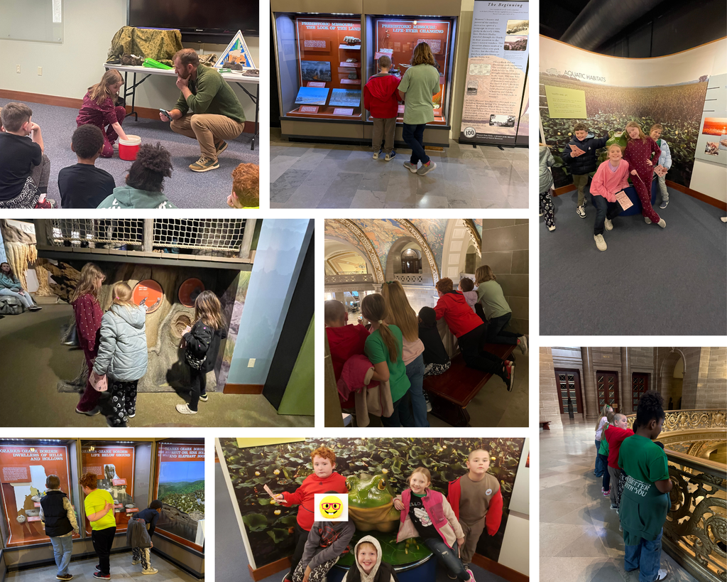 A collage of photos shows a group of elementary students enjoying a field trip, exploring a grand capitol building, posing by exhibits and statues, and participating in hands-on activities at a museum.