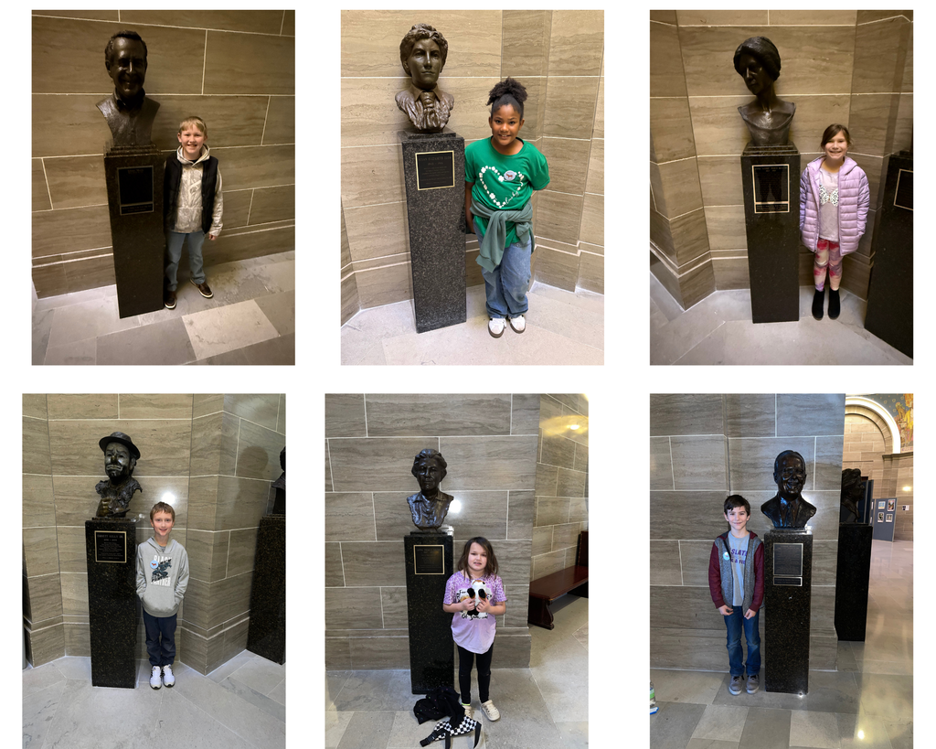 A collage of photos shows a group of elementary students enjoying a field trip, exploring a grand capitol building, posing by exhibits and statues, and participating in hands-on activities at a museum.