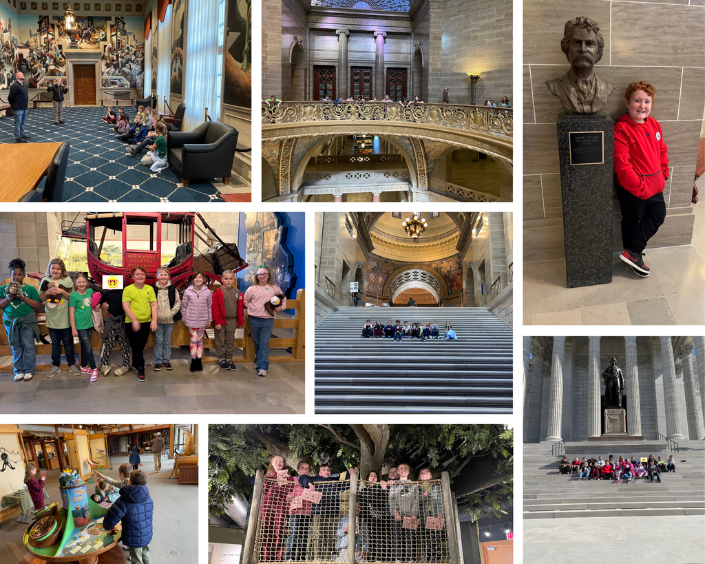 A collage of photos shows a group of elementary students enjoying a field trip, exploring a grand capitol building, posing by exhibits and statues, and participating in hands-on activities at a museum.