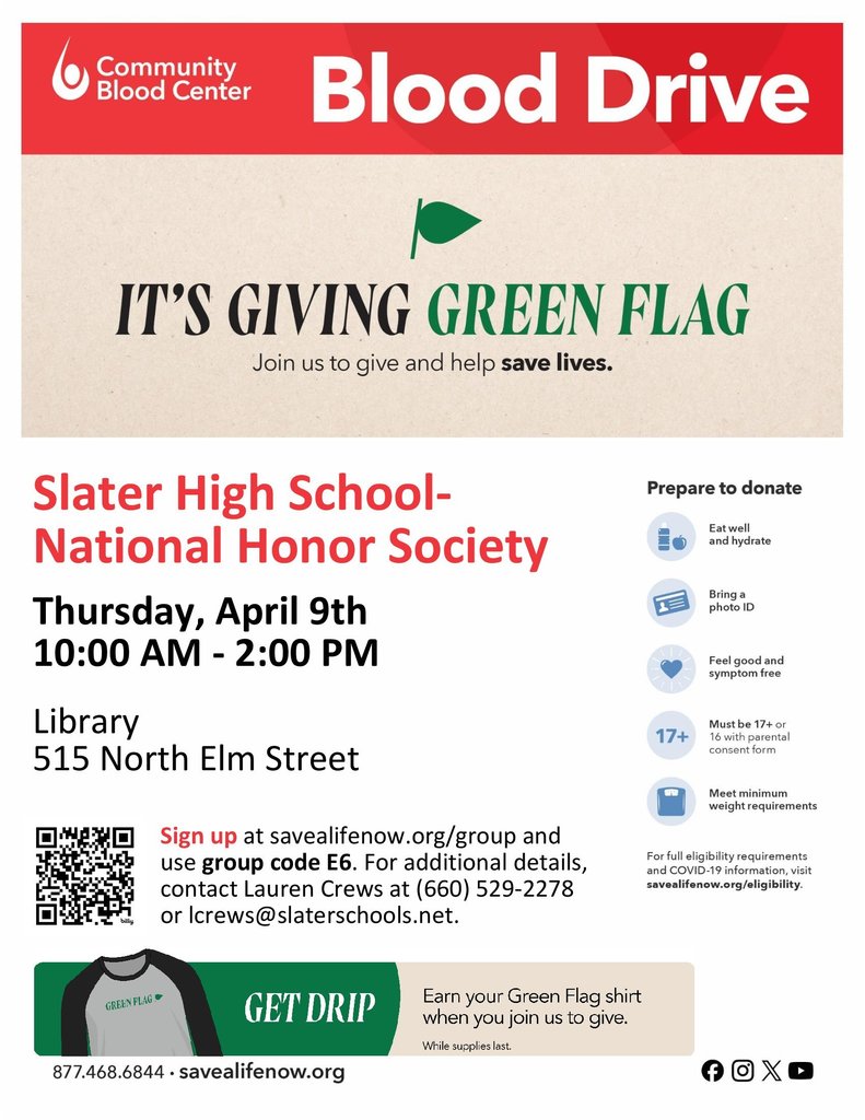 It's almost time for the SHS Spring Blood Drive, hosted by Slater National Honor Society! Make an appointment (they are filling up fast) or simply walk-in on Thursday, April 9 to save three lives with your local donation. Free t-shirt and snacks  provided - please bring a form of ID! 