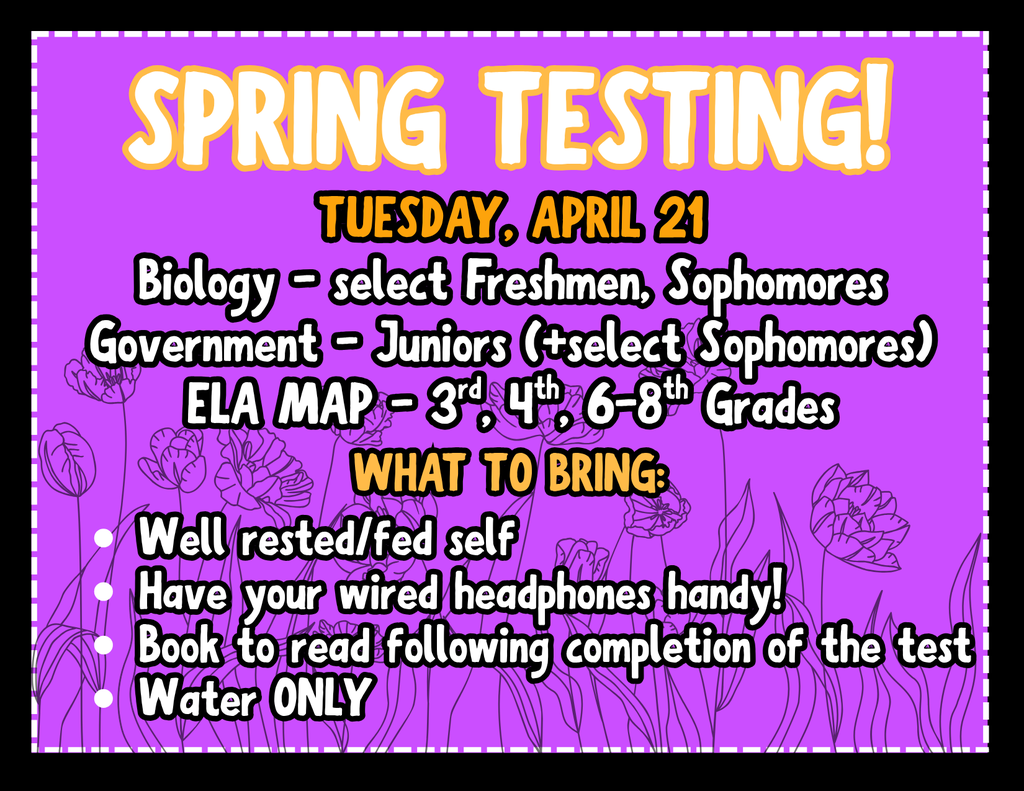 EOCs and MAP Testing continue tomorrow! Here's the daily schedule: 