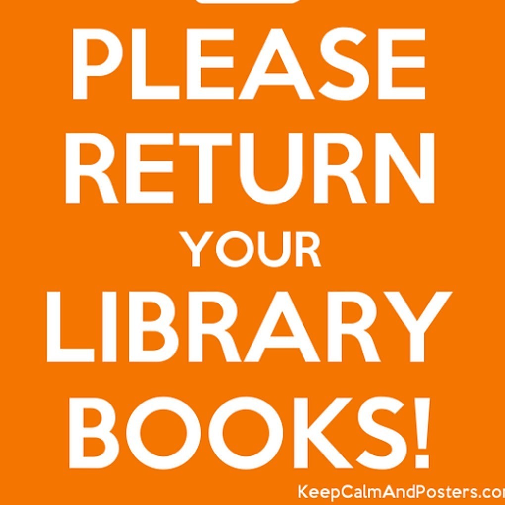 Orange background with white words asking for books to be returned 