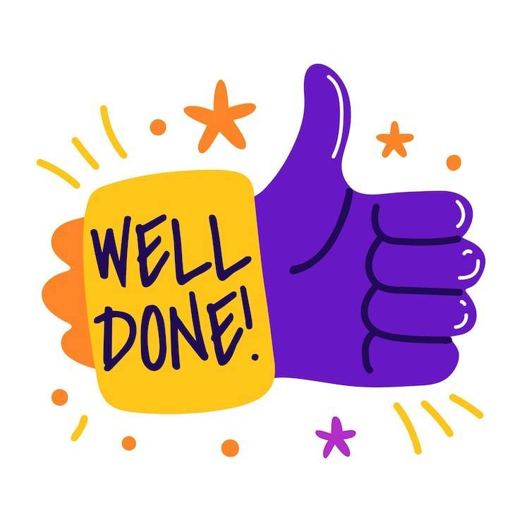Cartoon of a purple hand giving the "thumbs up" with a yellow cuff with text that reads WELL DONE