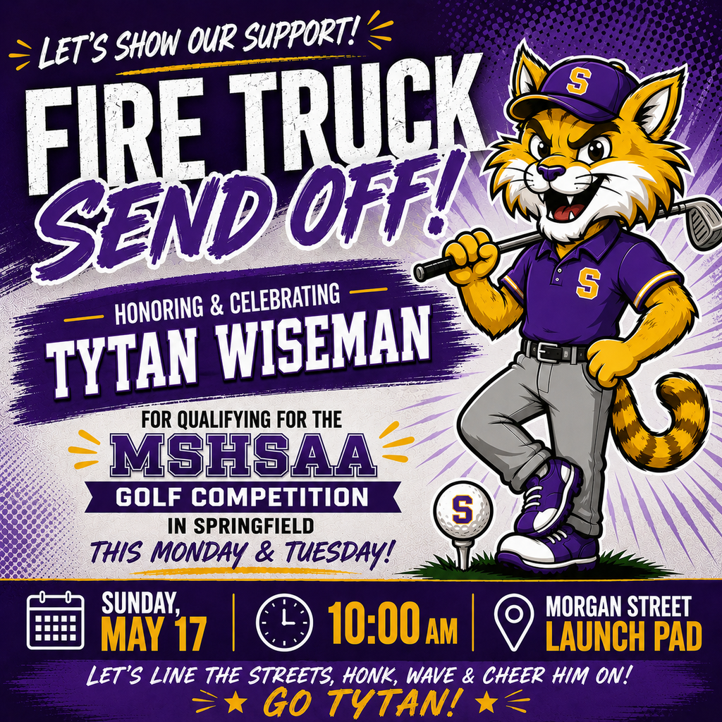 Purple, gold, white, and black promotional graphic for a “Fire Truck Send Off” honoring Tytan Wiseman for qualifying for the MSHSAA Golf Competition in Springfield. The graphic features a cartoon gold wildcat golfer wearing a purple shirt and hat with a gold “S,” gray pants, and holding a golf club over its shoulder. Large bold lettering announces the send-off details: Sunday, May 17 at 10:00 AM from the Morgan Street Launch Pad. The bottom of the graphic encourages supporters to line the streets, honk, wave, and cheer him on.