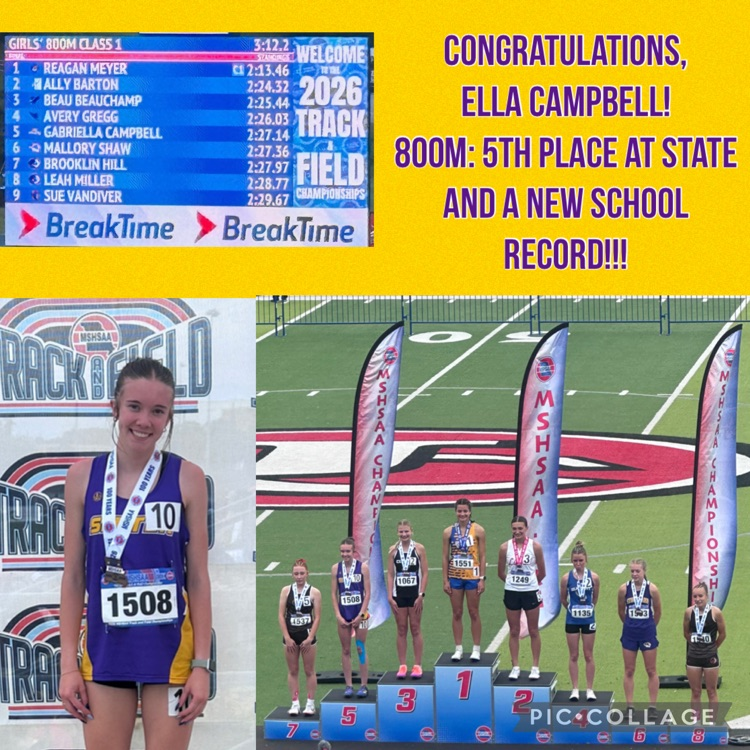 congratulations, Ella Campbell: 5th place at state in 800m AND a new school record!!!