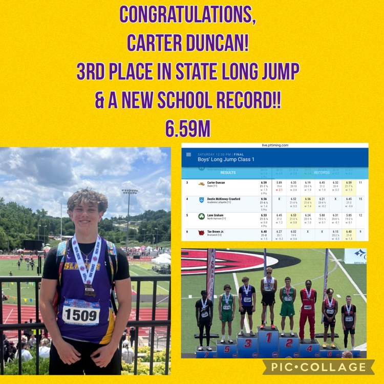 Congratulations,  Carter Duncan! 3rd place in State Long Jump & A NEW SCHOOL RECORD!! 6.59m