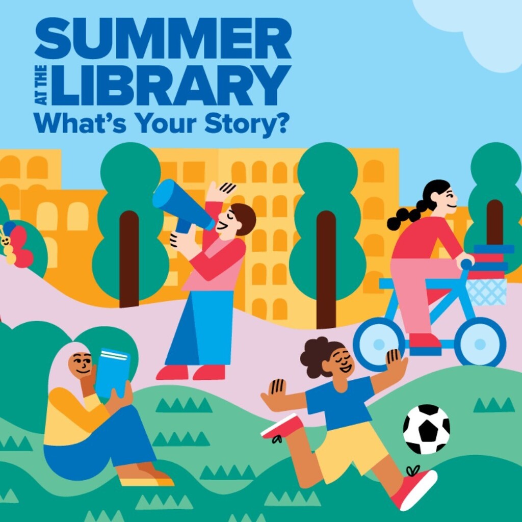Cartoon image of children playing outside the library