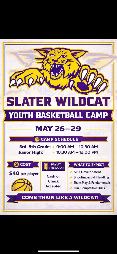 Purple and gold Slater Wildcat Youth Basketball Camp flyer with dates May 26–29, camp times for grades 3–5 and Junior High, $40 cost, and a wildcat mascot graphic.
