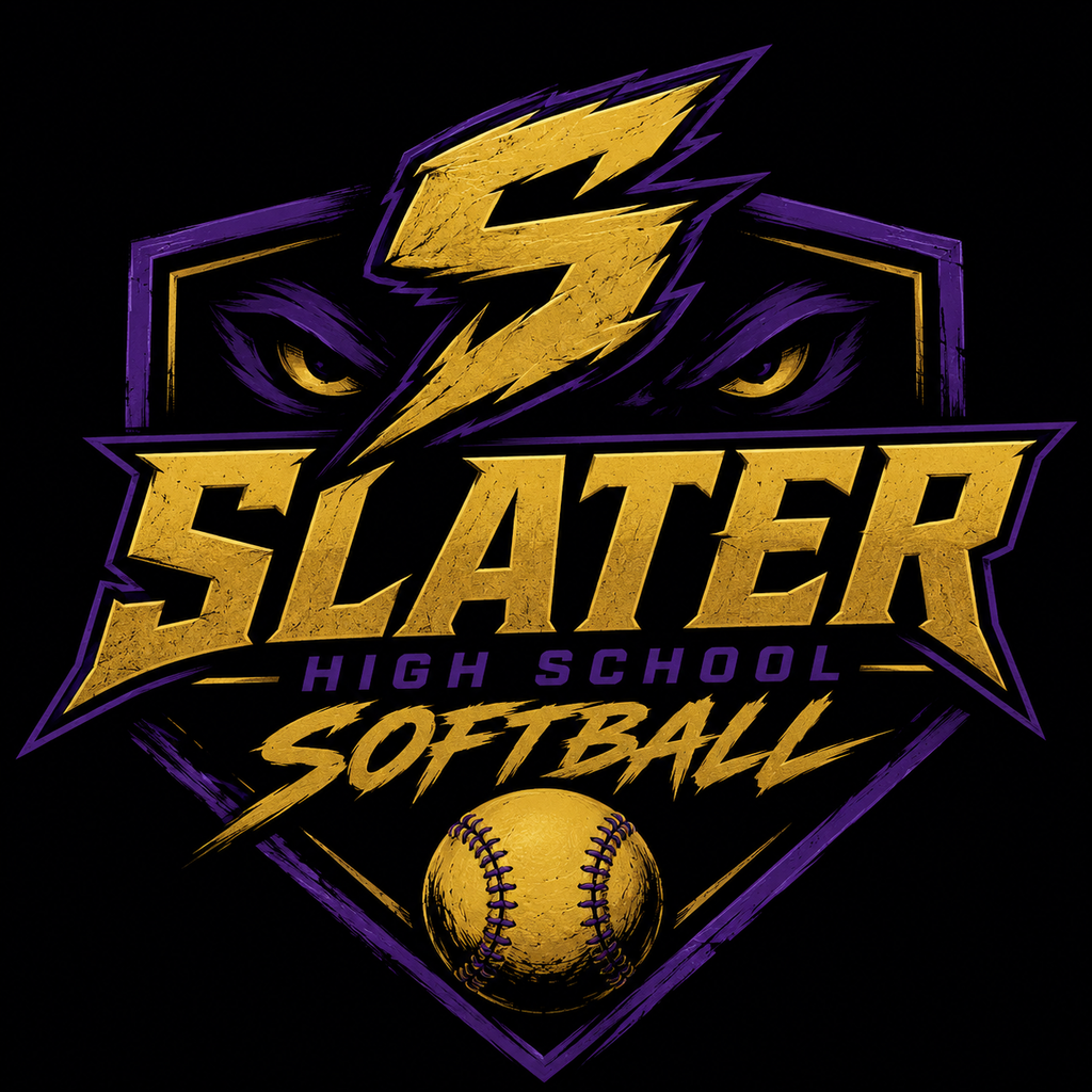 Edgy purple and gold Slater High School Softball logo featuring fierce wildcat eyes, a lightning-style “S,” bold athletic lettering, and a gold softball on a black background.