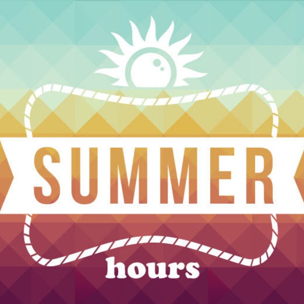 colorful diamond background with a white sun that reads: Summer Hours