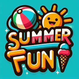 Turquoise background featuring a sunshine, beach ball, and ice cream come with words reading Summer Fun
