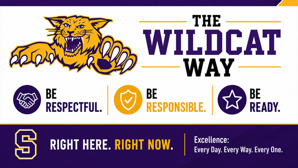 The Wildcat Way: Be Respectful. Be Responsible. Be Ready. // Right here. Right now. // Excellence: Every Day. Every Way. Every One.