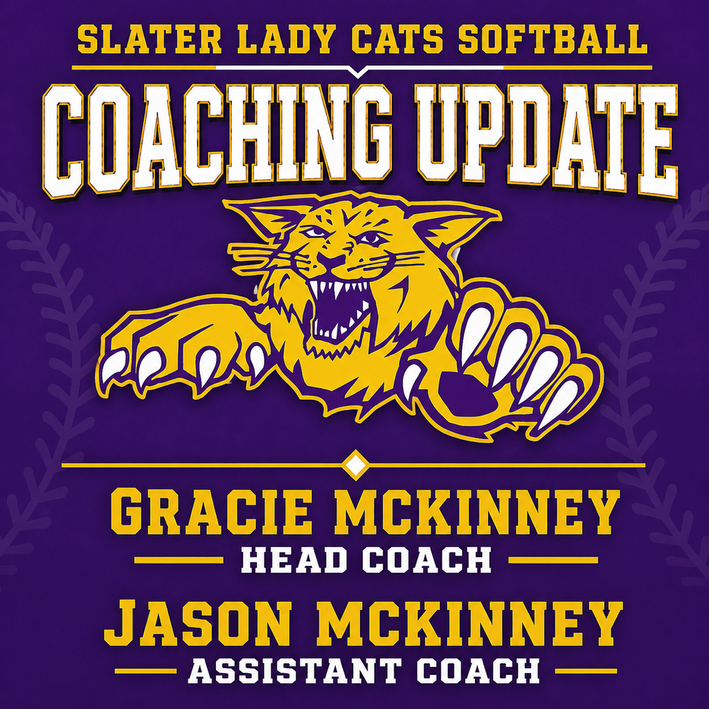 Purple and gold Slater Lady Cats Softball coaching update graphic featuring the Wildcat mascot. Gracie McKinney is named Head Coach, and Jason McKinney is named Assistant Coach.