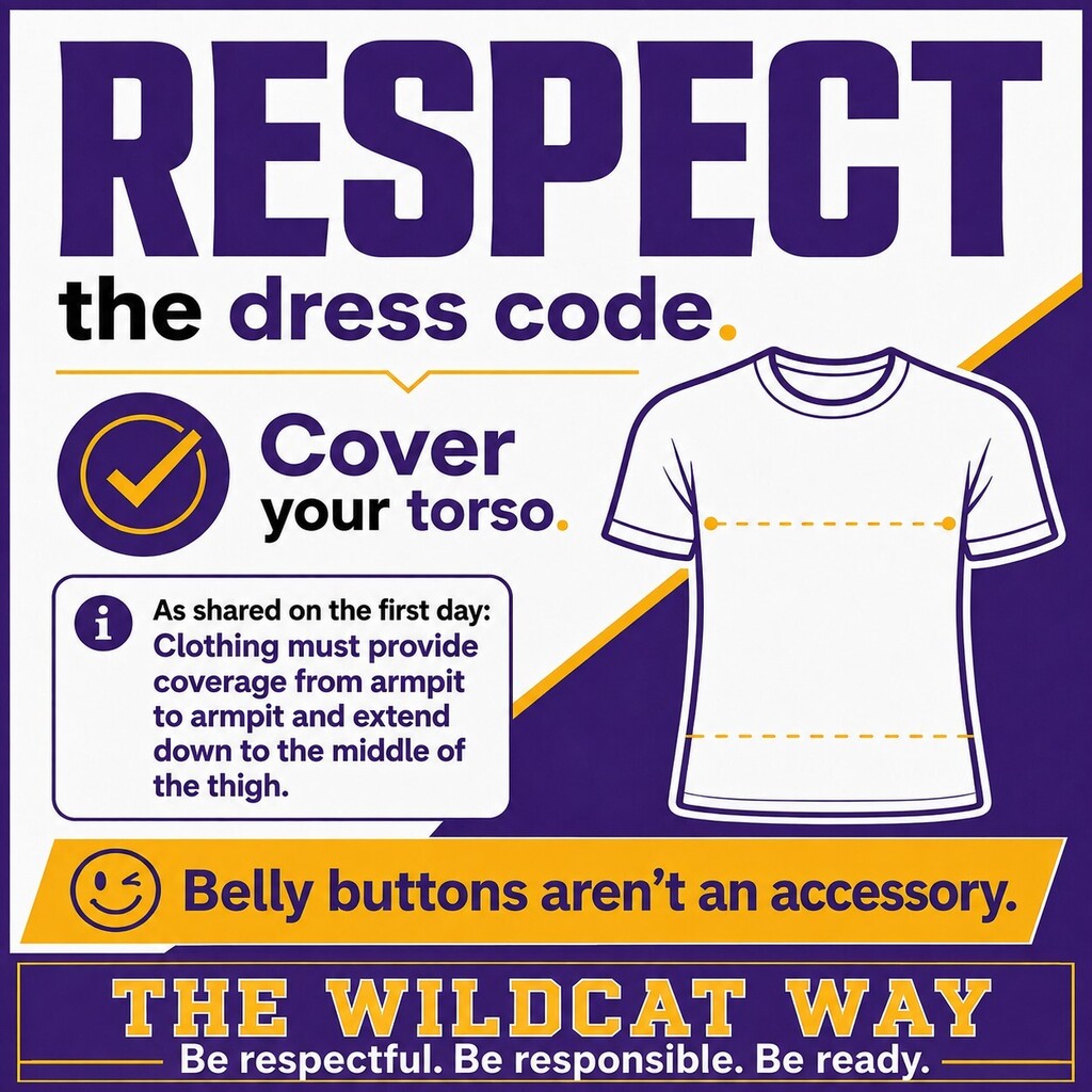 Purple, gold, white, and black Slater High School dress code graphic. Large text reads, “Respect the dress code. Cover your torso.” A shirt illustration marks the required coverage area. Supporting text states, “As shared on the first day: Clothing must provide coverage from armpit to armpit and extend down to the middle of the thigh.” A gold banner reads, “Belly buttons aren’t an accessory.” The bottom banner reads, “The Wildcat Way: Be respectful. Be responsible. Be ready.”