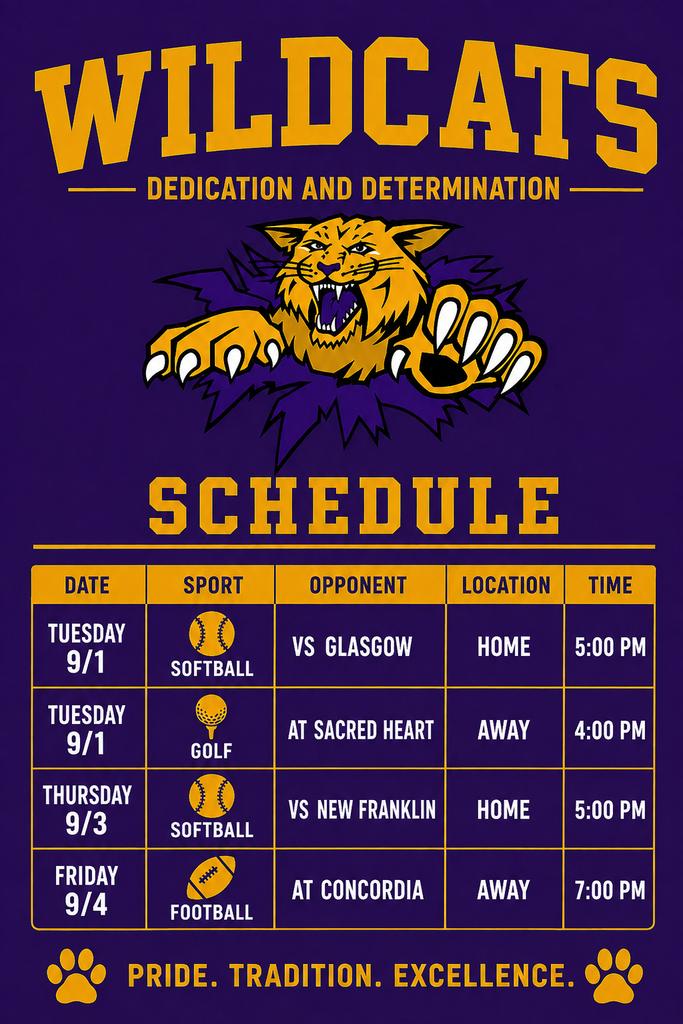 Purple and gold Wildcats schedule graphic featuring the Wildcat mascot. Tuesday, September 1: Softball hosts Glasgow at 5:00 p.m.; Golf competes at Sacred Heart at 4:00 p.m. Thursday, September 3: Softball hosts New Franklin at 5:00 p.m. Friday, September 4: Football plays at Concordia at 7:00 p.m.