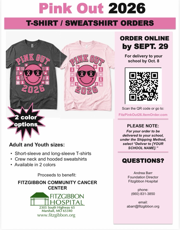 Pink Out 2026 is coming soon!! Order your tees or sweatshirts by following the directions on the flyer. If you wish them delivered to the school and sent home with your student, select 'Deliver to Slater Schools' in the shipping method.