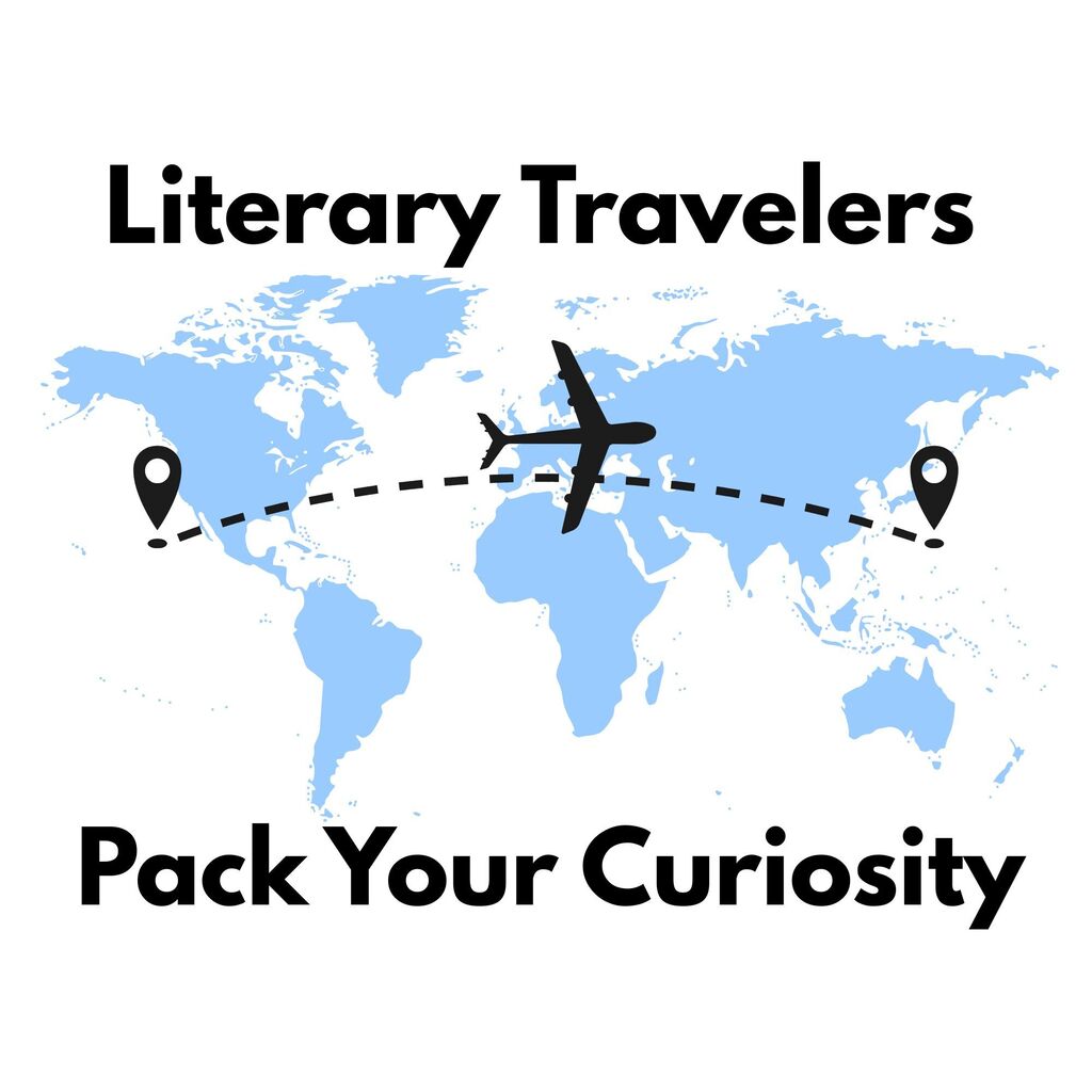 Blue world map overlaid with text advertising Literaru Travelers after school club