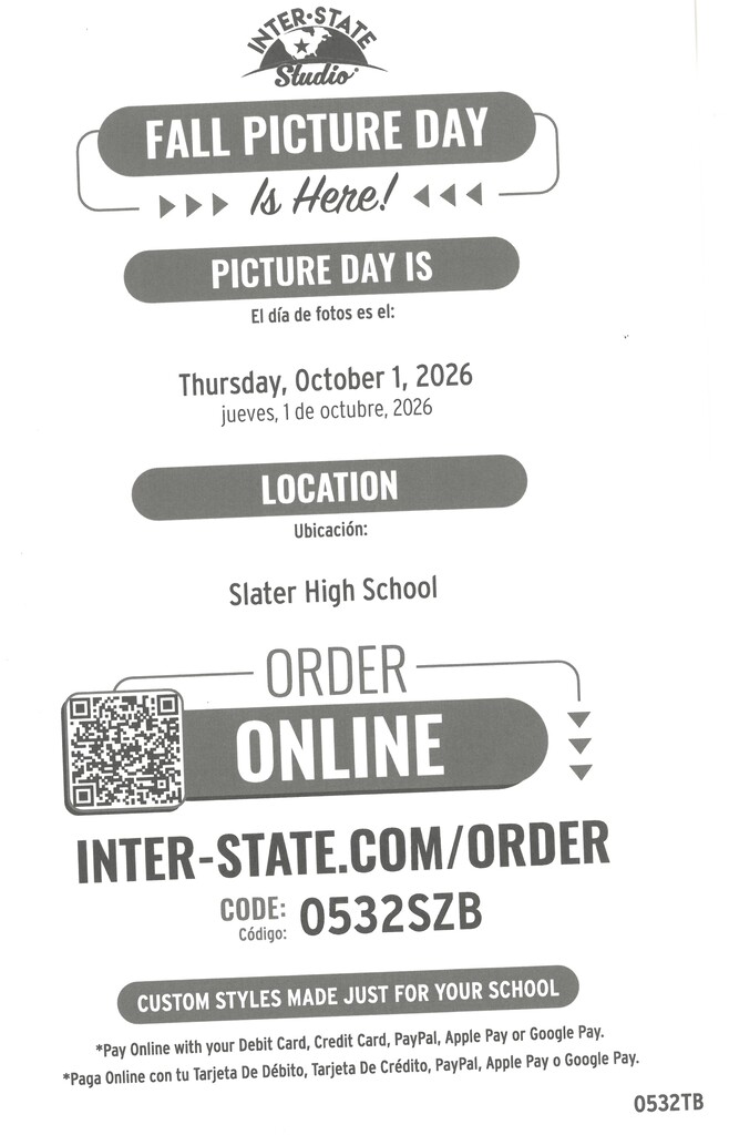 Black-and-white Inter-State Studio flyer announces Fall Picture Day on Thursday, October 1, 2026, at Slater High School. Order at inter-state.com/order using code 0532SZB or scan the QR code. The flyer offers custom styles for the school and accepts debit card, credit card, PayPal, Apple Pay, and Google Pay. Information appears in English and Spanish.